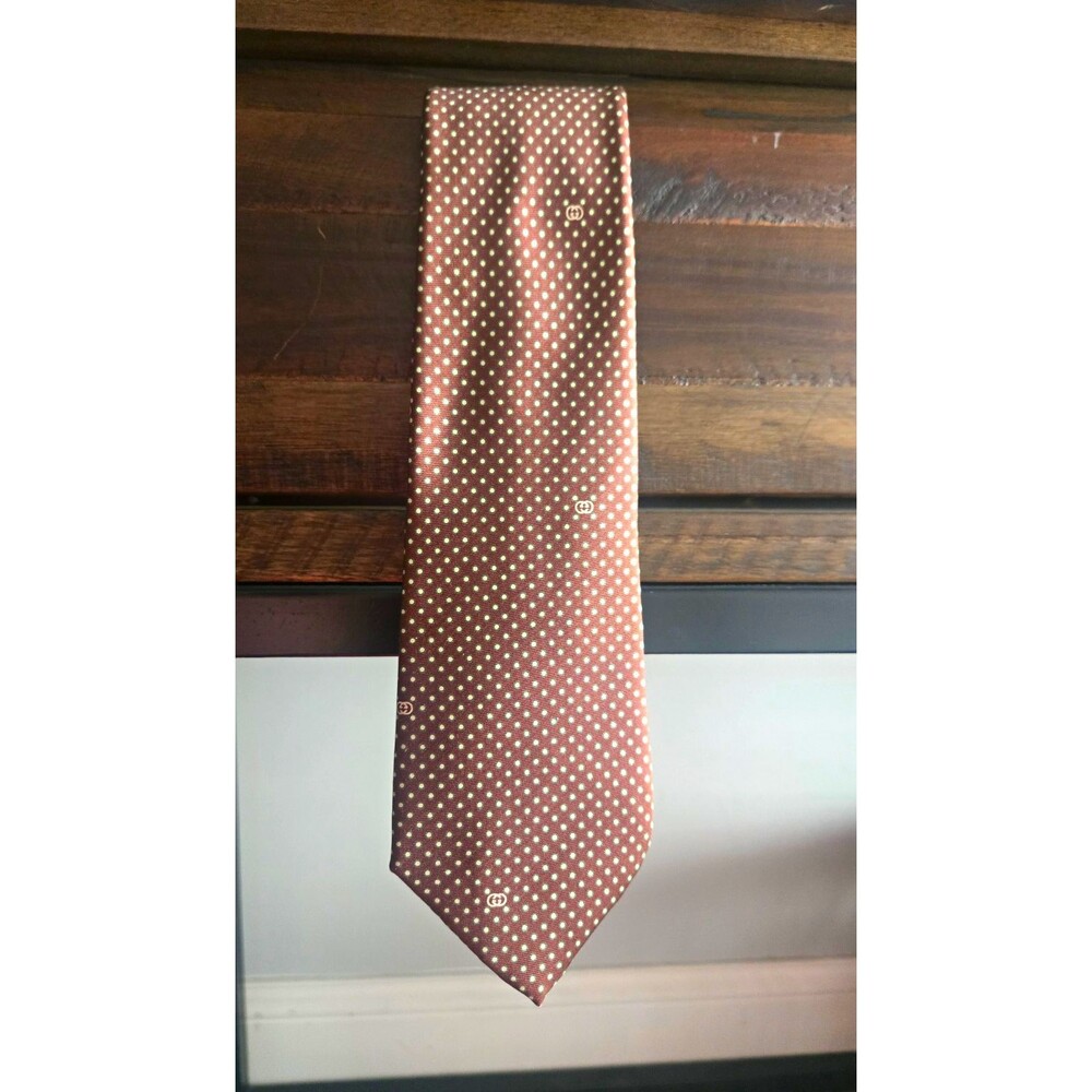 Gucci Men's Silk Woven Polka Dot Tie – Brown Green White Logo